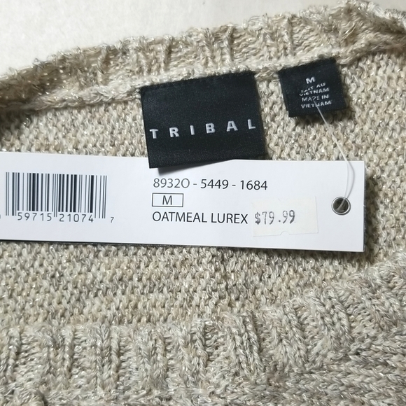 Tribal Women's Sweater Size M Metallic Thread Crew Neck Beige Knit - Picture 7 of 8